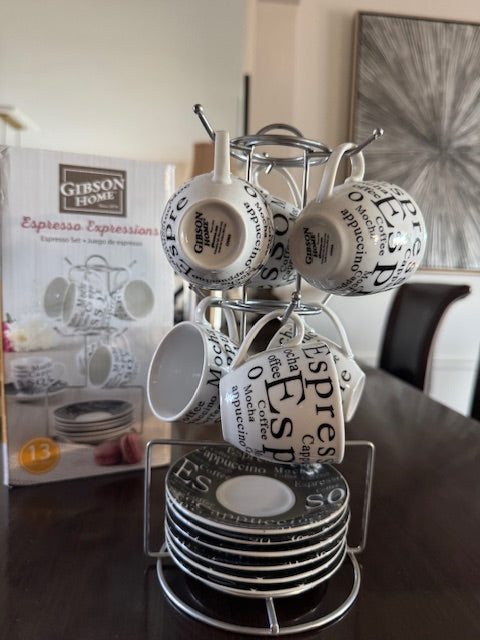 Gibson Espresso 13 Piece Small 3 oz Stoneware Coffee Cup Set with Wire Saucer Cup Rack NIB LOT HOM018