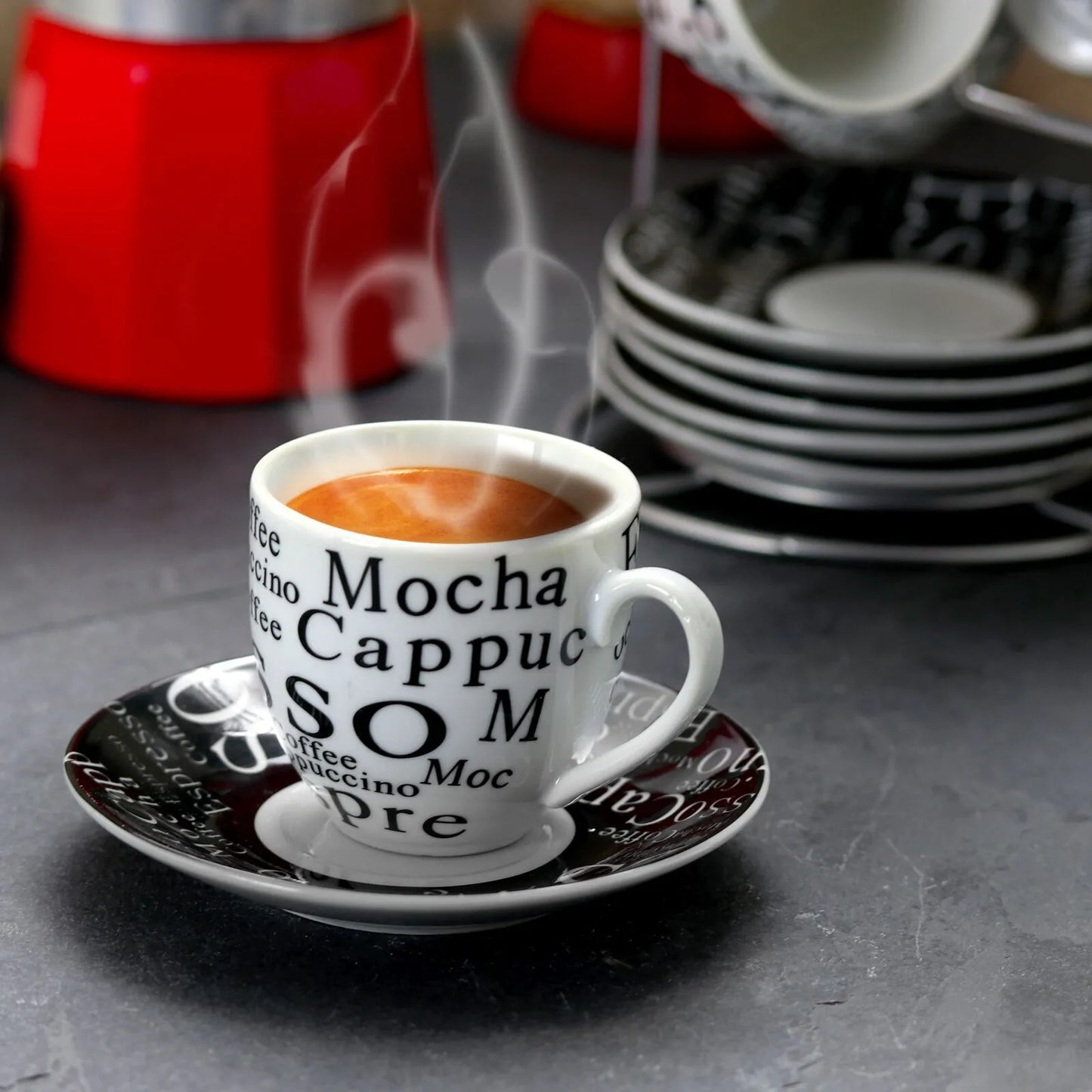 Gibson Espresso 13 Piece Small 3 oz Stoneware Coffee Cup Set with Wire Saucer Cup Rack NIB LOT HOM018