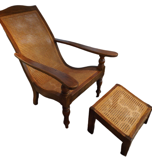 Early 1900s Anglo India British Colonial Plantation Planters Woven Cane Lounge Chair and Foot Stool LOT FUR011